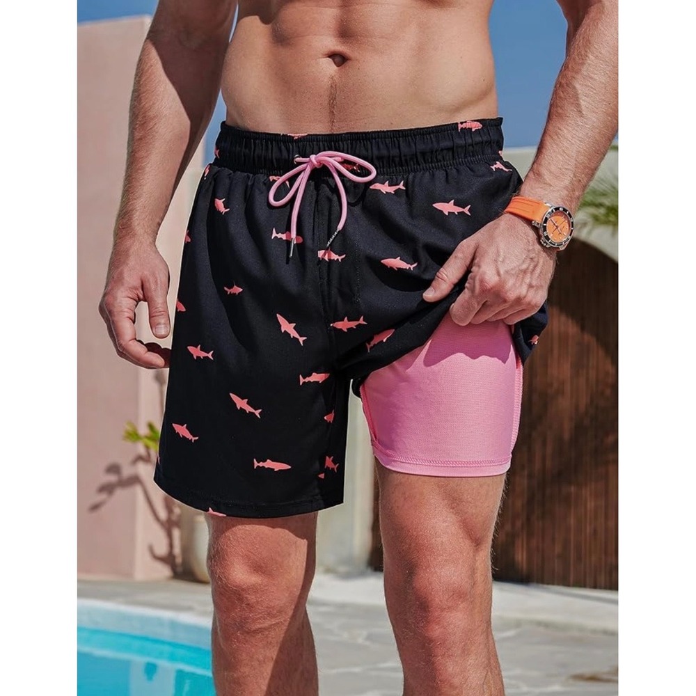 Mens Shark Print Swim Trunks Black with Pink Compression Liner Board Shorts